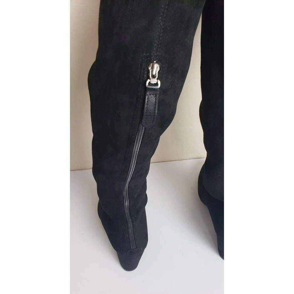 Black Faux Suede Over The Knee Stretch Boots Pointed Toe Block Heel 41 Goth Fall